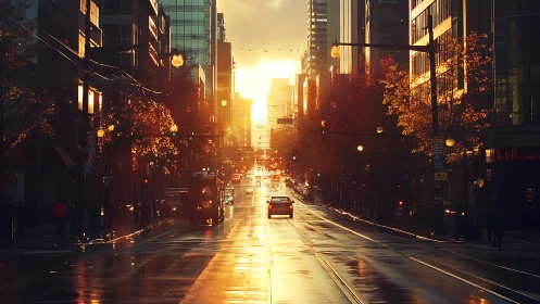 Sunlit city street reflects warm light after autumn rain