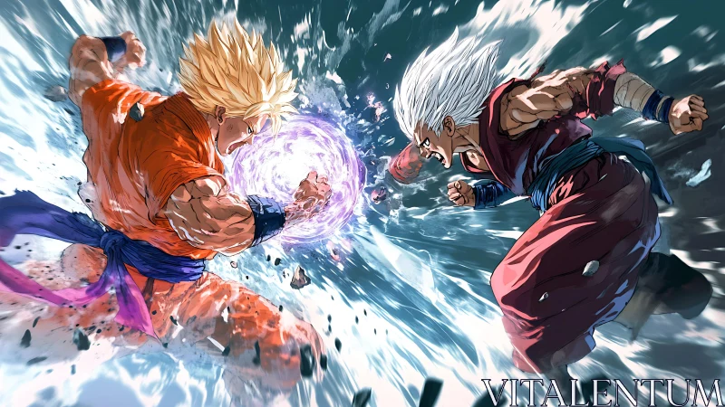 Blazing warriors collide in shattering, sky-splitting power duel.