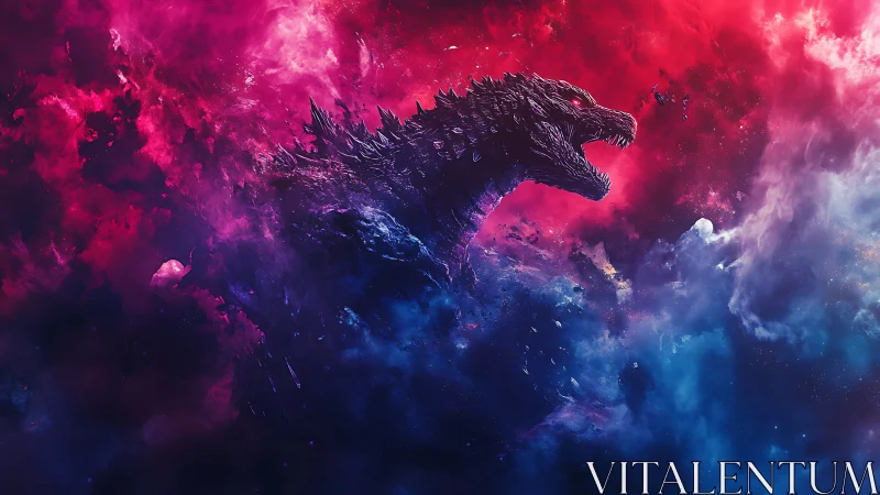 Cosmic kaiju silhouette in neon chromatic digital painting.