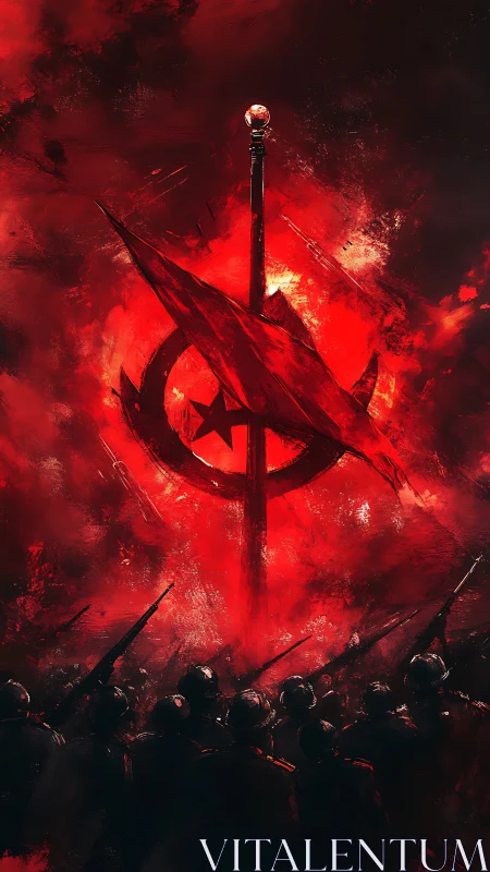 Blazing red banner rises above a solemn gathered army