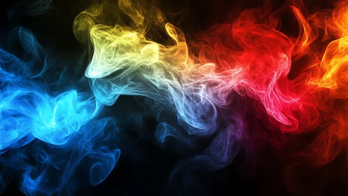 Color spectrum smoke forms fluid band on dark background