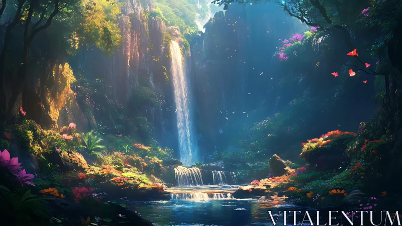 Sunlit waterfall sanctuary welcomes a glowing hidden forest