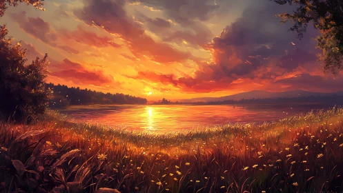 Lake shoreline under layered clouds at low orange sunset.