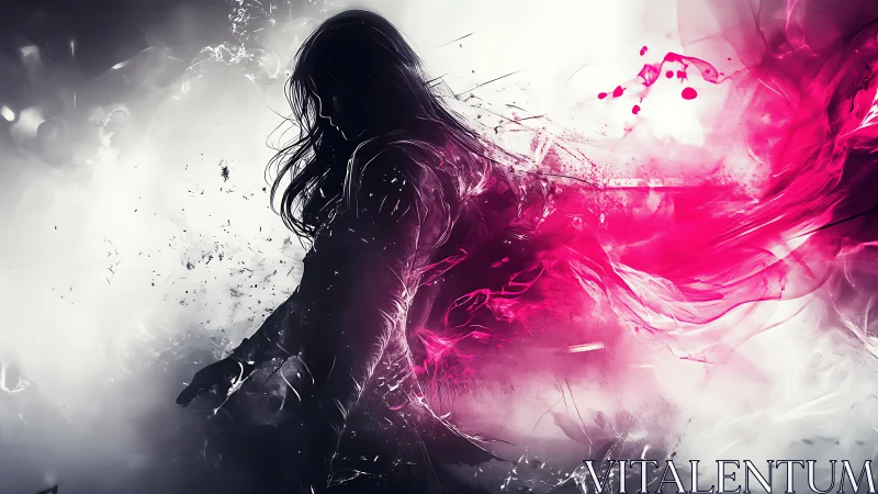 Silhouetted sorceress unleashes vivid magenta energy storm.