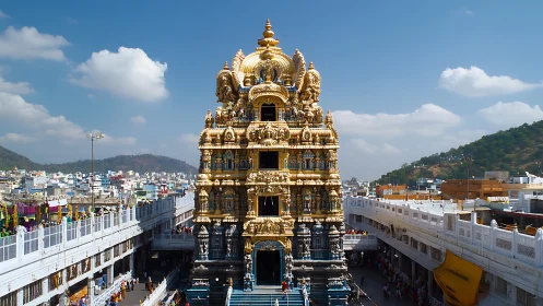Gold-plated Dravidian gopuram tower with dense sculptural iconography