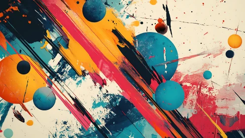 Colorful Abstract Painting with Bold Spheres and Dynamic Strokes.