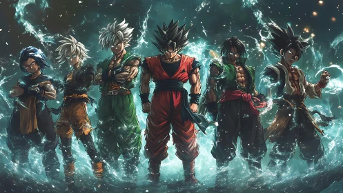 Row of energized anime warriors framed by turbulent aqua energy arcs