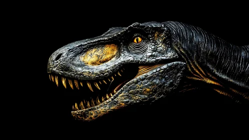 Dinosaur head profile shows textured scales and sharp teeth