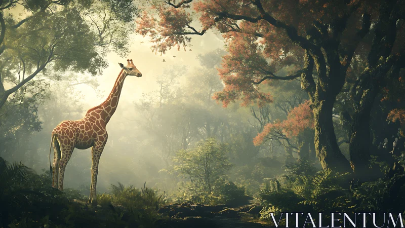 Giraffe standing in misty sunlit forest with autumn canopy.