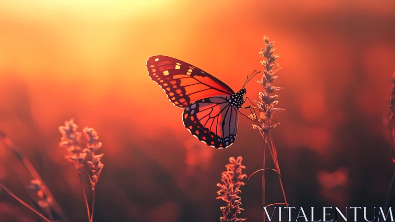 Monarch butterfly glows against fiery sunset meadow backdrop.