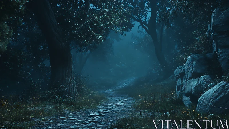 Luminous Forest Path Through Ancient Woodland at Dusk