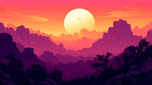 Radiant sun over neon-hued mountains at dusk.