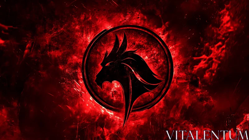 Black stylized lion emblem centered on red abstract background