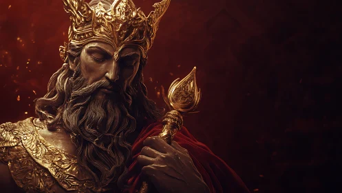 Regal bronze warrior king in ember-lit solemn profile.