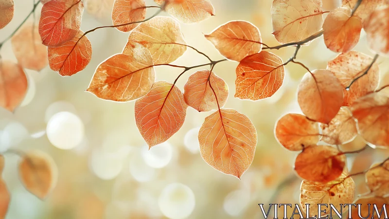 Translucent orange leaves are backlit on thin branching stems