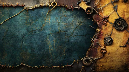 Rugged stitched canvas frame with teal and gold charm.