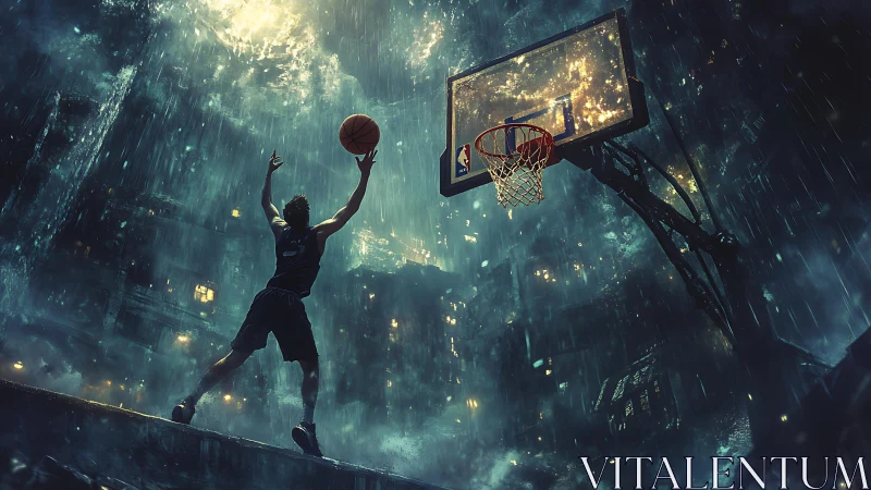 Rain-soaked city court glows as a lone player leaps high