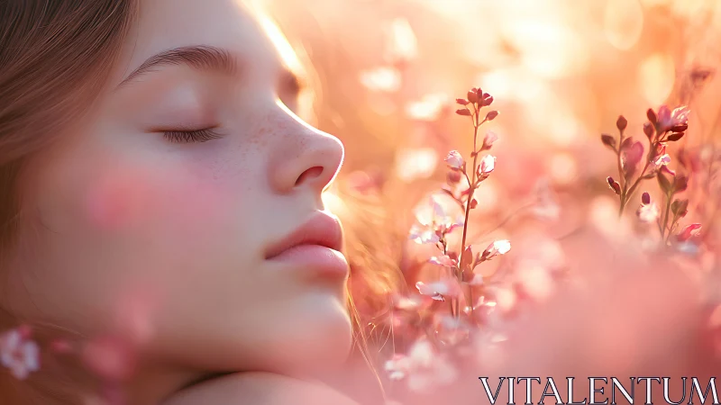 Soft focus portrait in blooming meadow with warm bokeh light