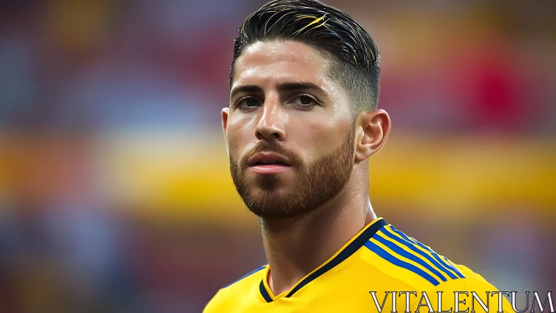 Male soccer player in yellow jersey on blurred stadium field.