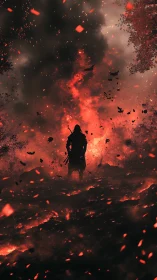 Lone hooded warrior walking through burning battlefield.