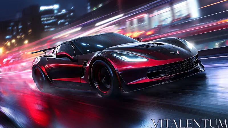 Sleek red sports car slices through neon soaked city streets