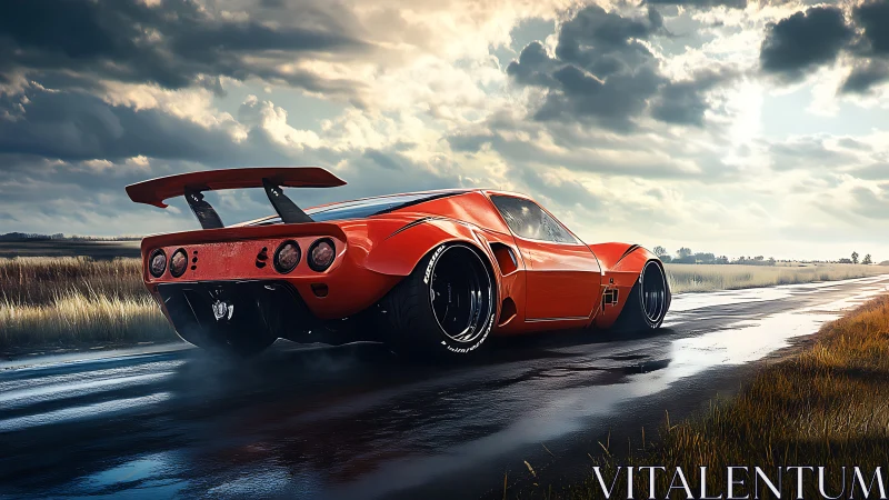 Sunlit orange supercar waiting on a rain-soaked country road.