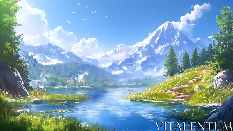 Sunlit mountain lake path inviting a peaceful escape.