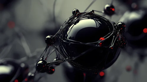 Dark reflective sphere wrapped in glossy filament strands