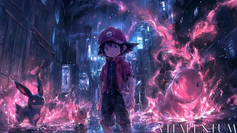 Trainer stands amid neon flames in a rainy cyber alleyway.