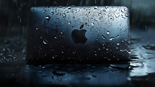 Wet dark smartphone with apple logo under heavy rain.