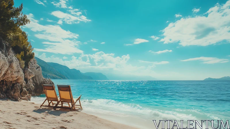 Sunny coastal retreat with two chairs facing calm sea.