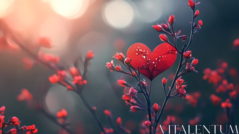 Red heart-shaped form among clustered buds on dark background.