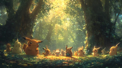 Pikachu Forest Gathering. Enchanted woodland congregation.