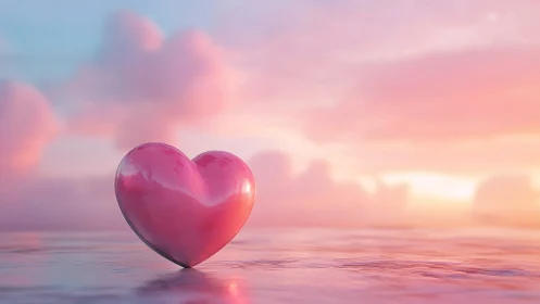 Pink heart sphere rests on reflective surface beneath gradient sky