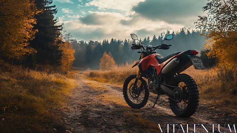 Off-road motorcycle on autumn forest trail under diffused light