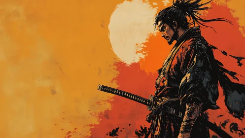 Solitary samurai profile against textured sunlit ochre sky.