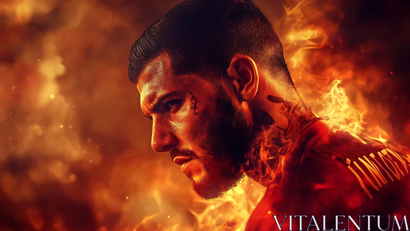 Intense male portrait in flames with vivid orange fire.