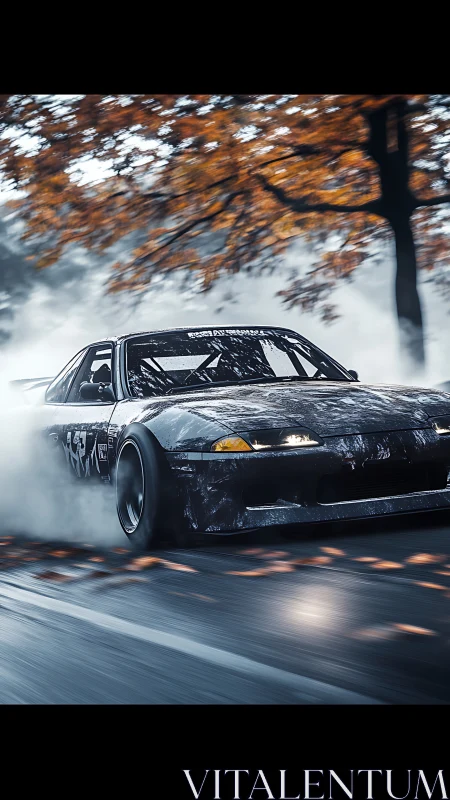 Smoky drift car slicing through wet autumn track at speed.