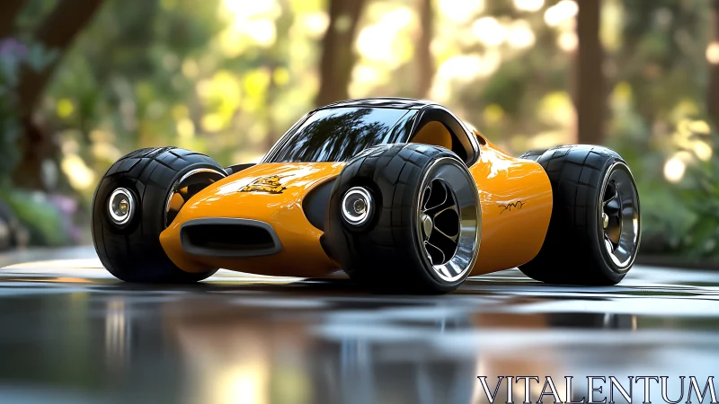 Compact orange concept car rests on wet reflective track