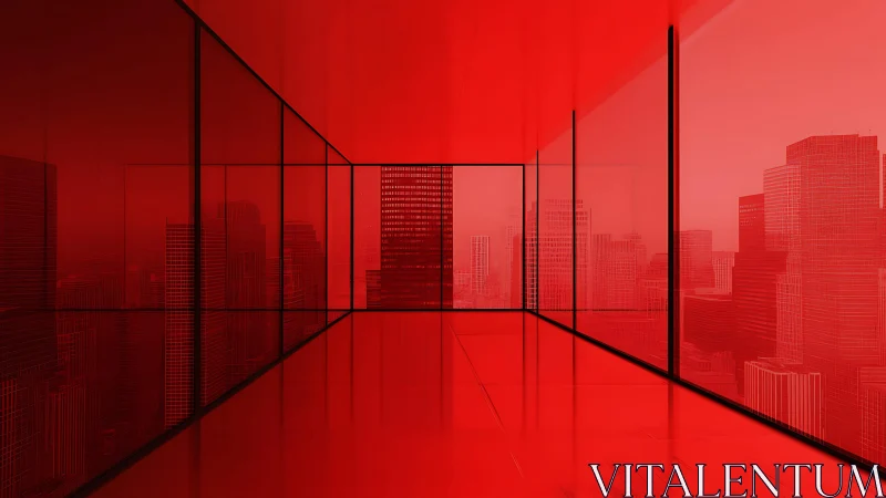 Monochromatic Red Interior Space with Metropolitan Skyline.