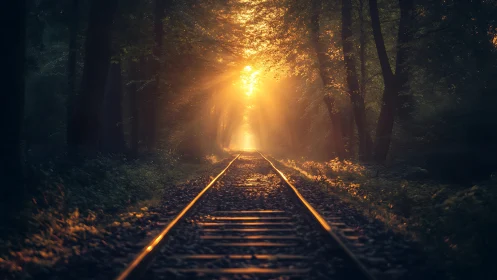 Sunlit forest railway vanishing into glowing mist.