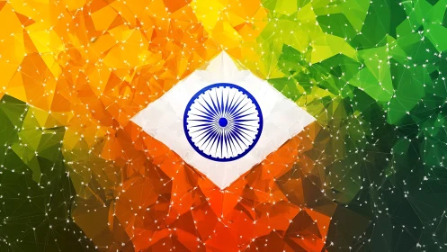 Polygonal Indian tricolour with networked Ashoka Chakra emblem.