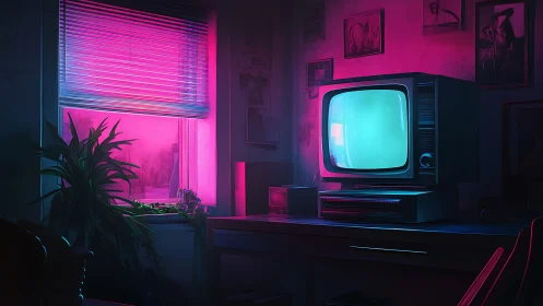 Neon dusk humming through a lonely retro living room screen.