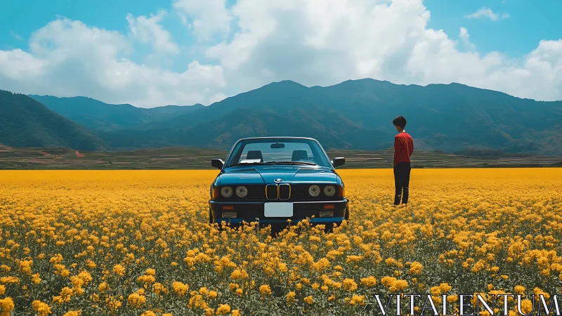 Classic coupe framed by rapeseed field under alpine range