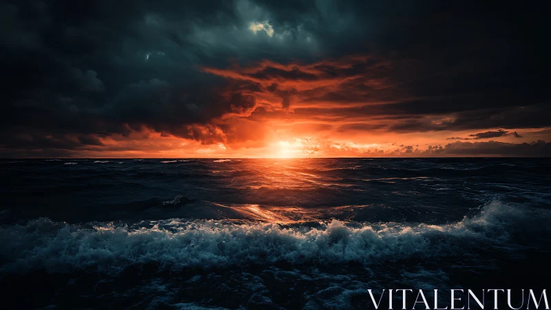 Storm-darkened ocean at blazing cinematic sunset horizon.