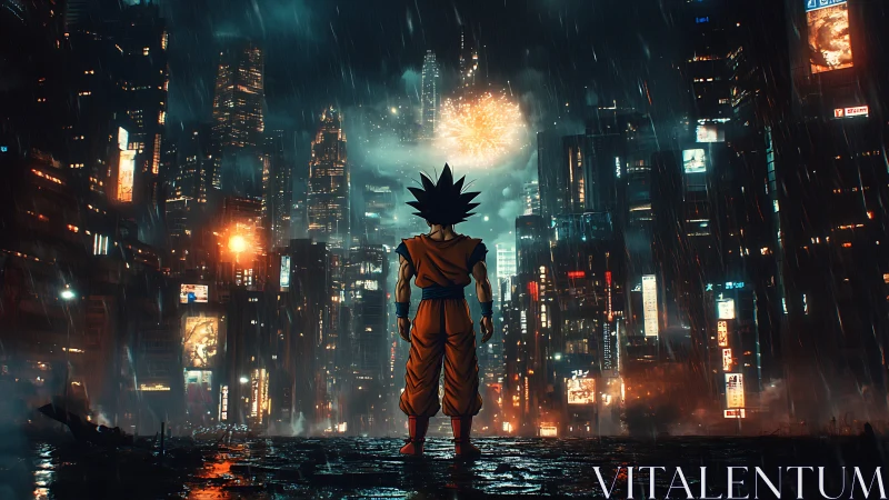 Anime fighter stands before dense neon city in heavy rain