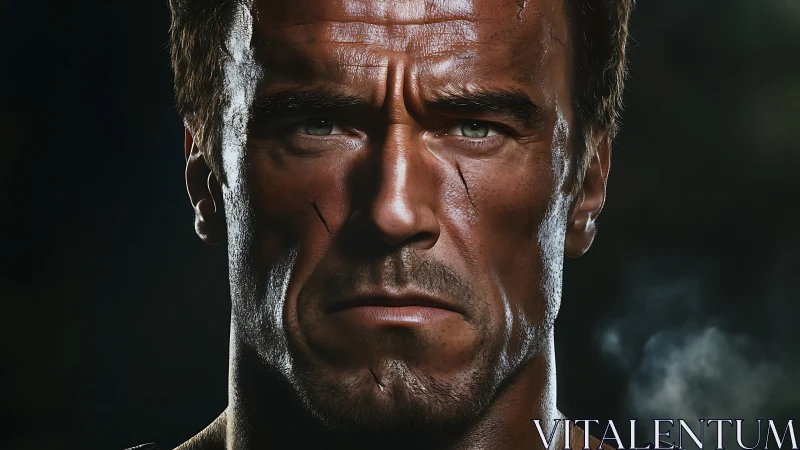 Weathered warrior’s intense gaze in smoky twilight portrait.