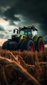 Mighty green tractor waits patiently beneath stormy farm skies