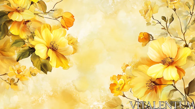 Golden Yellow Flowers Bloom in Soft Watercolor.