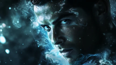 Mystical blue gaze emerging from swirling cosmic mist.